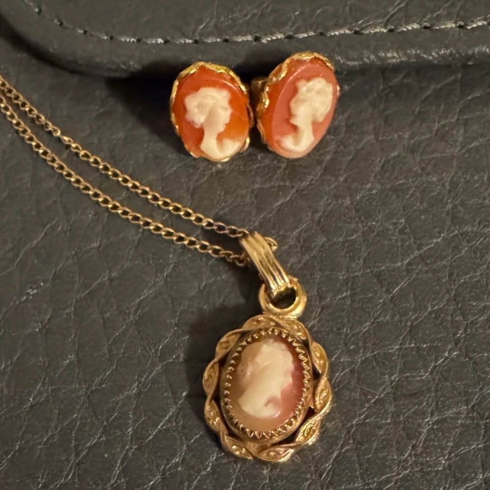 Victorian Era Gold Cameo Necklace and Earring Set